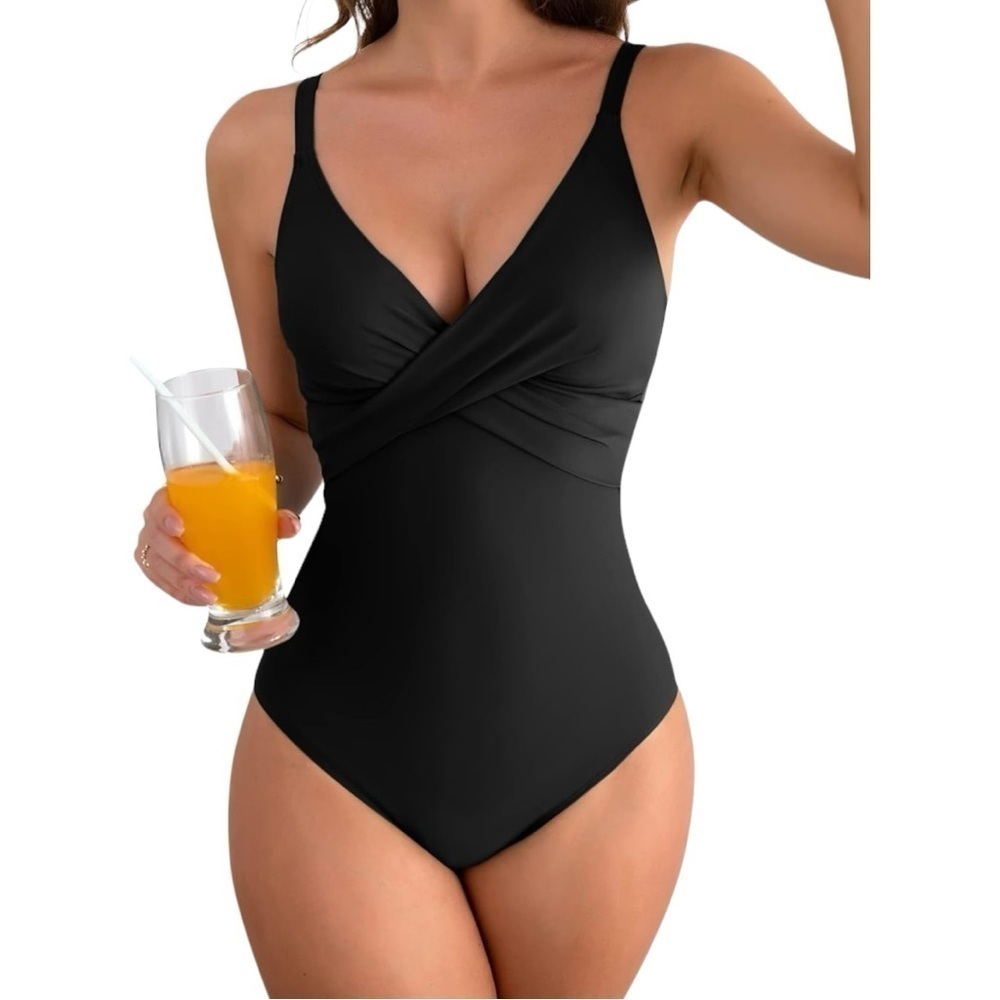 NWT B2prity Women's One Piece Swimsuits Tummy Control Front Cross V Neck Black